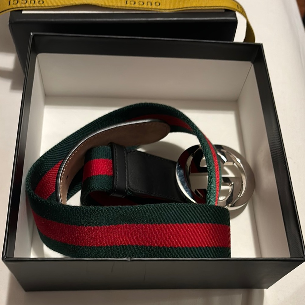 Gucci Green and Red Stripe Belt with Silver Buckle